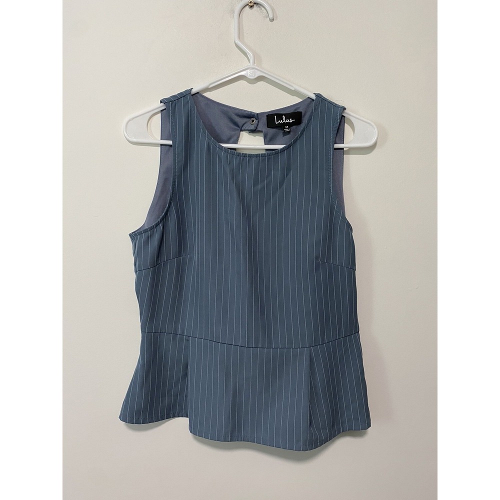 Lulu's Top Women's Medium Pep Talk Slate Blue Striped Peplum Blouse Career